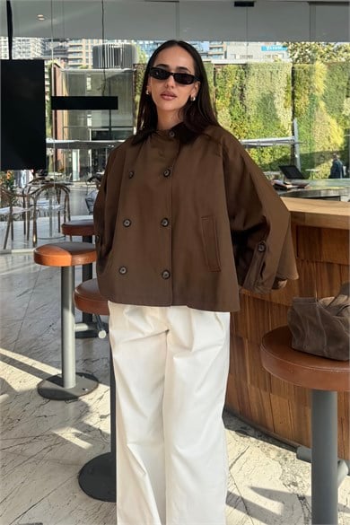 Kahve Kadife Yaka Panço Trençkot - Kadın Trençkot Modelleri - Nazliye Moda | Kadın Giyim Modası