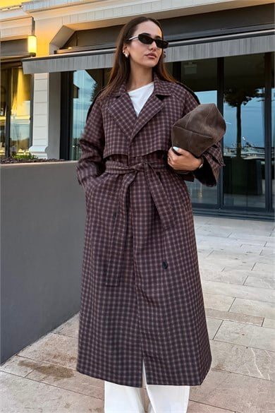 Kahve Oversize Ekose Beli Kuşaklı Trençkot - Kadın Trençkot Modelleri - Nazliye Moda | Kadın Giyim Modası