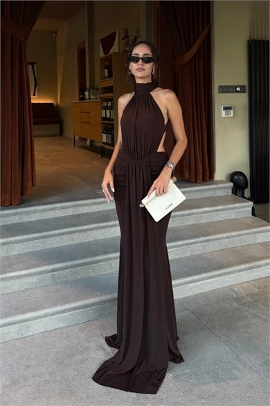 Kahve Sırt Dekolte Drape Elbise - Kadın Elbise Modelleri - Nazliye Moda | Kadın Giyim Modası