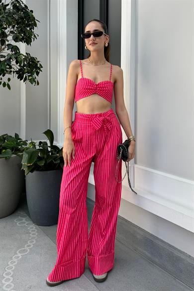 Kırmızı Çizgili Pantolon Büstiyer Takım - Kadın Takım Modelleri - Nazliye Moda - Kadın Giyim Modası