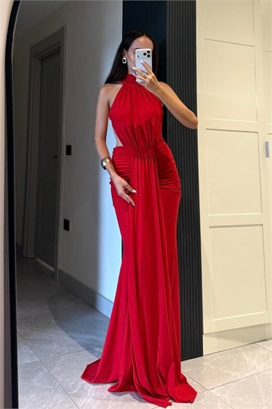 Kırmızı Sırt Dekolte Drape Elbise - Kadın Elbise Modelleri - Nazliye Moda | Kadın Giyim Modası