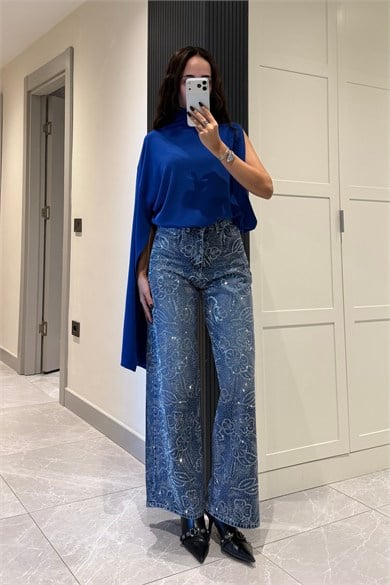Mavi Çiçek Motifli Ön Arka Taşlı Jean - Kadın Jean Modelleri - Nazliye Moda | Kadın Giyim Modası