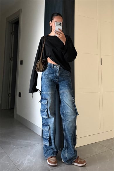 Mavi Kargo Cep Yıkama Detay Jean - Kadın Jean Modelleri - Nazliye Moda | Kadın Giyim Modası