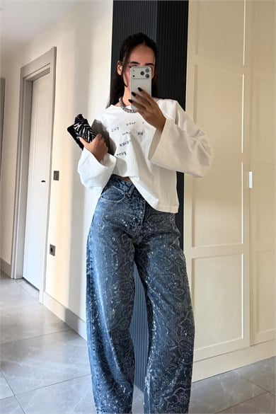 Mavi Taş Baskı Motifli Barrel Jean - Kadın Pantolon Modelleri - Nazliye Moda | Kadın Giyim Modası