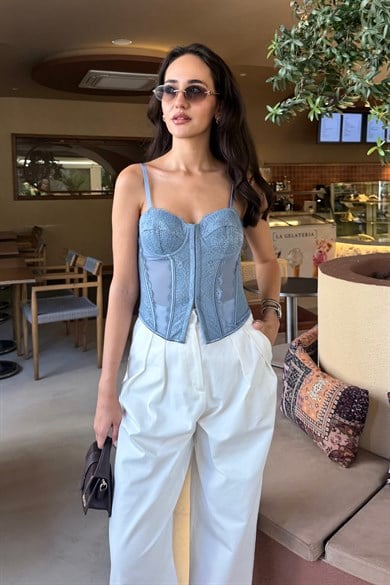 Mavi Tasarım Tül Korse Bluz - Kadın Bluz Modelleri - Nazliye Moda | Kadın Giyim Modası