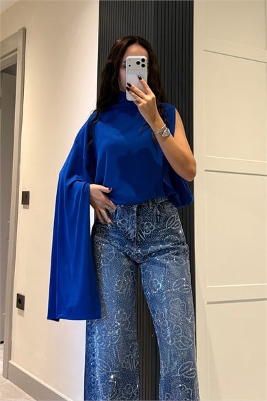 Mavi Tek Kollu Tasarım Bluz - Kadın Bluz Modelleri - Nazliye Moda | Kadın Giyim Modası