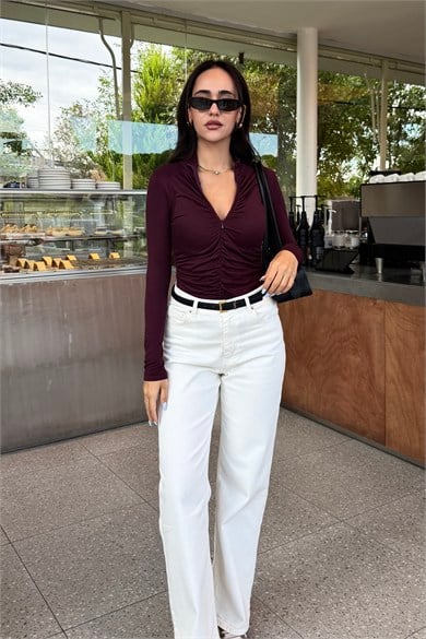 Mürdüm Büzgü Detay Fermuarlı Bluz - Kadın Bluz Modelleri - Nazliye Moda | Kadın Giyim Modası