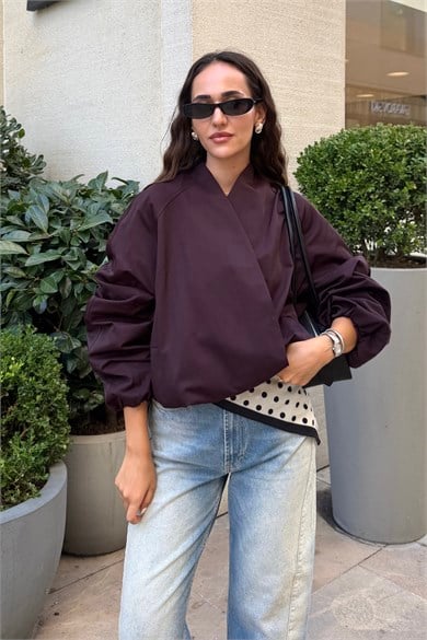 Mürdüm Kruvaze Yaka Bomber Ceket - Kadın Ceket Modelleri - Nazliye Moda | Kadın Giyim Modası