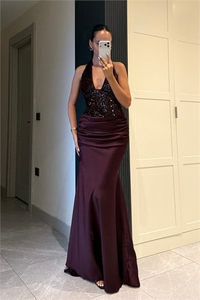 Mürdüm Premium Payetli Saten Uzun Elbise - Kadın Elbise Modelleri - Nazliye Moda | Kadın Giyim Modası