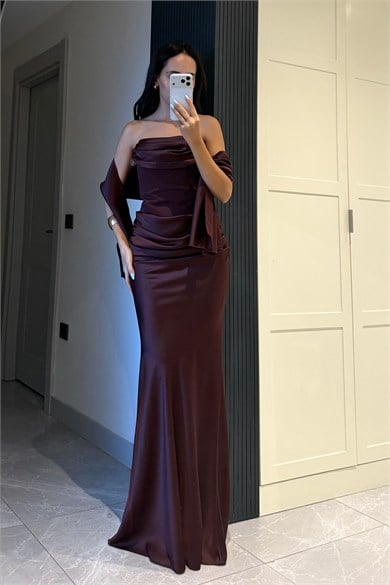 Mürdüm Straplez Fularlı Korse Elbise - Kadın Elbise Modelleri - Nazliye Moda | Kadın Giyim Modası