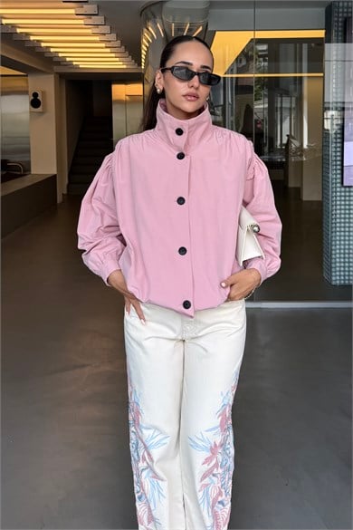 Pembe Dik Yaka Bomber Ceket - Kadın Ceket Modelleri - Nazliye Moda | Kadın Giyim Modası