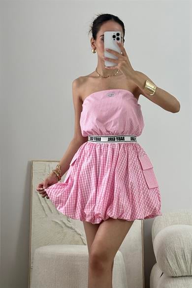 Pembe Volanlı Straplez Mini Elbise - Kadın Elbise Modelleri - Nazliye Moda - Kadın Giyim Modası