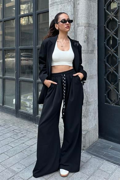 Siyah Bağcıklı Dökümlü Pantolon - Kadın Pantolon Modelleri - Nazliye Moda - Kadın Giyim Modası