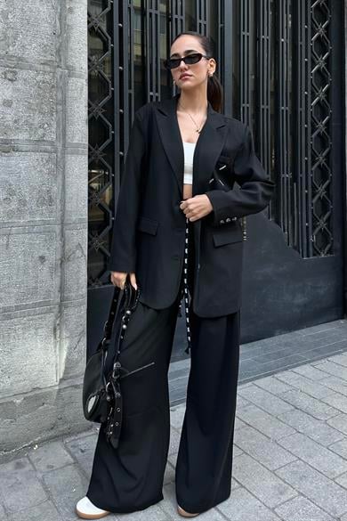 Siyah Baskılı Oversize Blazer Ceket - Kadın Blazer Ceket Modelleri - Nazliye Moda - Kadın Giyim Modası