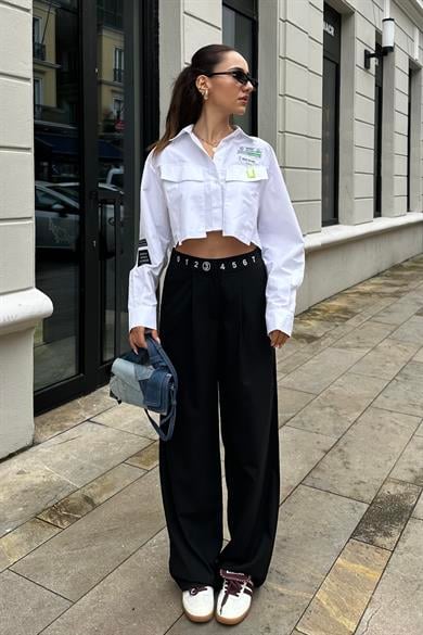 Siyah Bel Baskılı Dökümlü Pantolon - Kadın Pantolon Modelleri - Nazliye Moda - Kadın Giyim Modası