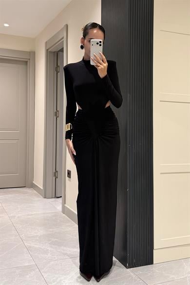 Siyah Bel Dekolteli Drape Uzun Elbise - Kadın Elbise Modelleri - Nazliye Moda | Kadın Giyim Modası