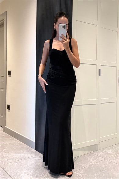 Siyah Beli Dantelli Uzun Elbise - Kadın Elbise Modelleri - Nazliye Moda | Kadın Giyim Modası