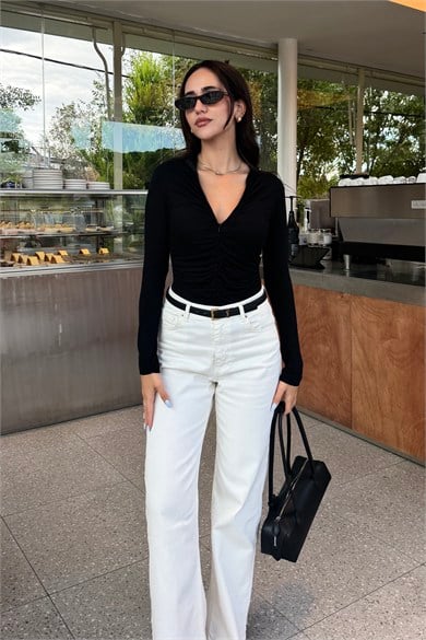Siyah Büzgü Detay Fermuarlı Bluz - Kadın Bluz Modelleri - Nazliye Moda | Kadın Giyim Modası