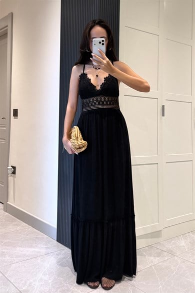 Siyah Dantel Detay Uzun Elbise - Kadın Elbise Modelleri - Nazliye Moda | Kadın Giyim Modası