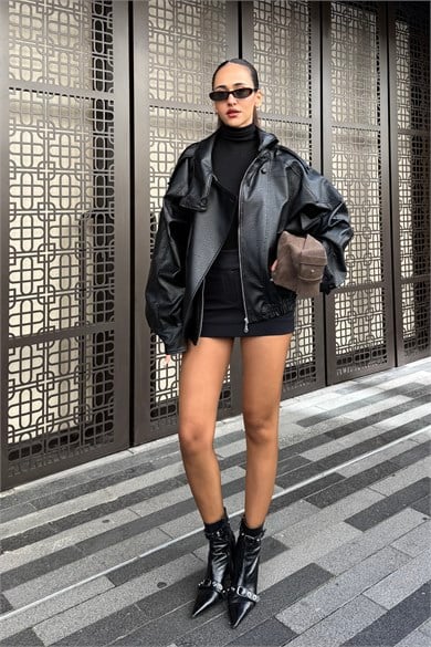 Siyah Dik Yaka Deri Ceket - Kadın Ceket Modelleri - Nazliye Moda | Kadın Giyim Modası