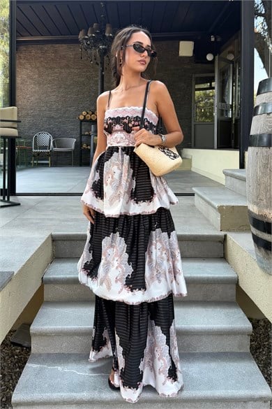 Siyah Etnik Desen Pencere Detay Elbise - Kadın Elbise Modelleri - Nazliye Moda | Kadın Giyim Modası