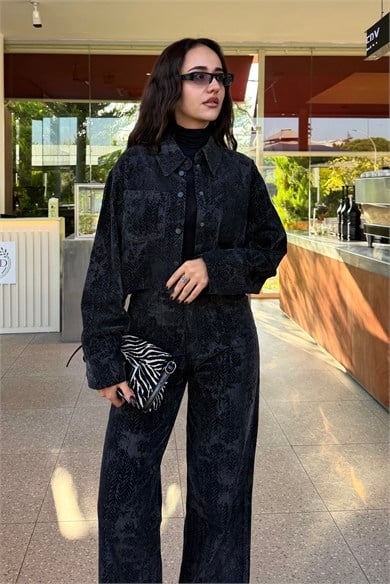 Siyah Flok Baskı Simli Takım - Kadın Takım Modelleri - Nazliye Moda | Kadın Giyim Modası