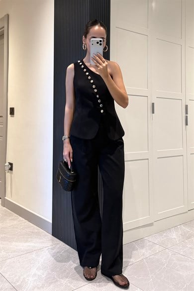 Siyah Gold Düğme Detaylı Takım - Kadın Takım Modelleri - Nazliye Moda | Kadın Giyim Modası