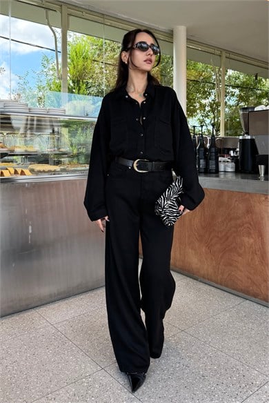Siyah Gömlek Pantolon Tencel Takım - Kadın Takım Modelleri - Nazliye Moda | Kadın Giyim Modası