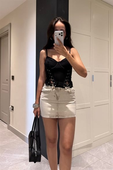 Siyah İp Askı Bağlamalı Korse Bluz - Kadın Bluz Modelleri - Nazliye Moda | Kadın Giyim Modası