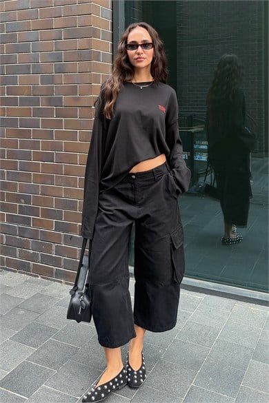 Siyah Kapri Kargo Pantolon - Kadın Pantolon Modelleri - Nazliye Moda | Kadın Giyim Modası