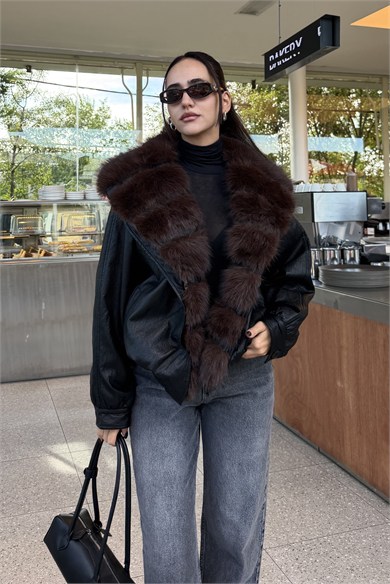 Siyah Kürk Detay Deri Mont - Kadın Mont Modelleri - Nazliye Moda | Kadın Giyim Modası