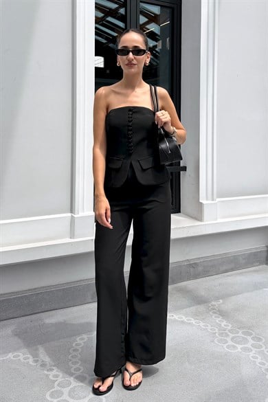 Siyah Straplez Düğmeli Korse Takım - Kadın Takım Modelleri - Nazliye Moda | Kadın Giyim Modası