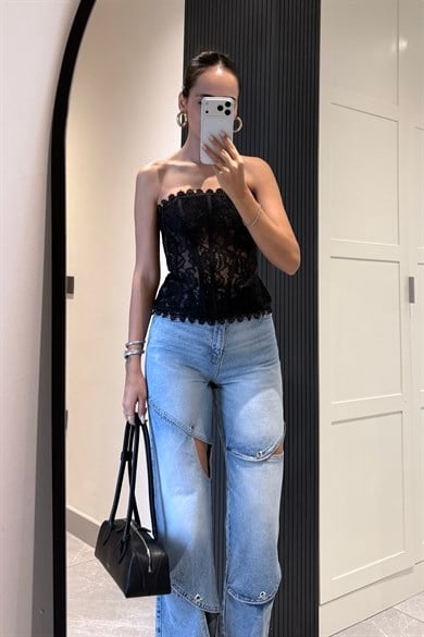 Siyah Straplez Korse Dantel Bluz - Kadın Bluz Modelleri - Nazliye Moda | Kadın Giyim Modası