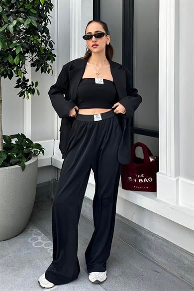 Siyah Tensel Dökümlü Pantolon - Kadın Pantolon Modelleri - Nazliye Moda - Kadın Giyim Modası