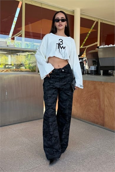 Siyah Ters Kemer Kamuflaj Pantolon - Kadın Pantolon Modelleri - Nazliye Moda | Kadın Giyim Modası