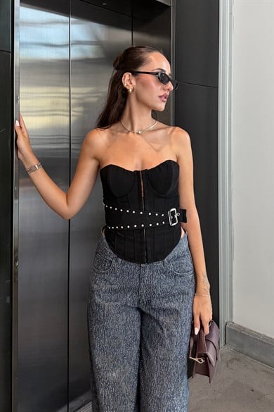Siyah Toka Detay Straplez Bluz - Kadın Bluz Modelleri - Nazliye Moda | Kadın Giyim Modası