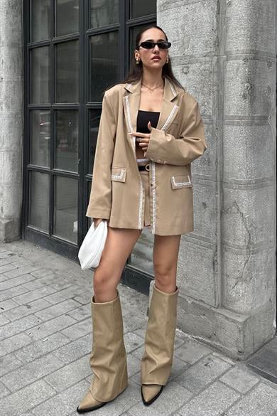 Taba Tasarım Oversize Blazer Ceket - Kadın Blazer Ceket Modelleri - Nazliye Moda - Kadın Giyim Modası