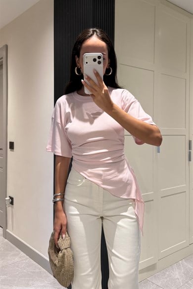 Toz Pembe Asimetrik Bluz - Kadın Bluz Modelleri - Nazliye Moda | Kadın Giyim Modası