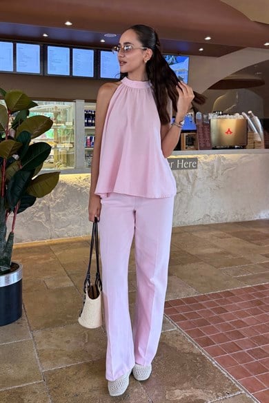 Toz Pembe Halter Bluz Keten Takım - Kadın Takım Modelleri - Nazliye Moda | Kadın Giyim Modası