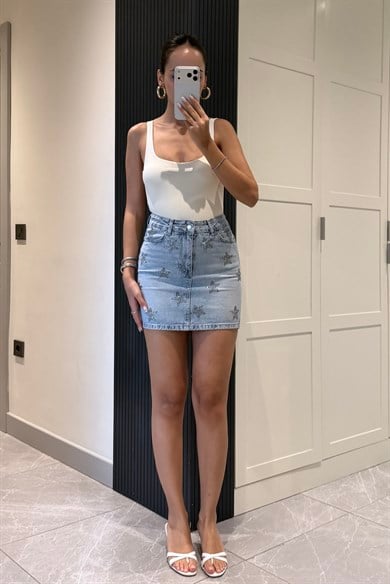 Yıldız Taş Baskılı Premium Etek - Kadın Jean Modelleri - Nazliye Moda | Kadın Giyim Modası