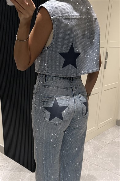 Yıldız Taşlı Tasarım Denim Yelek - Kadın Yelek Modelleri - Nazliye Moda | Kadın Giyim Modası