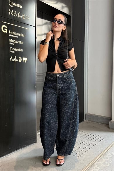 Yıldızlı Sim Baskılı Barrel Jean - Kadın Takım Modelleri - Nazliye Moda | Kadın Giyim Modası
