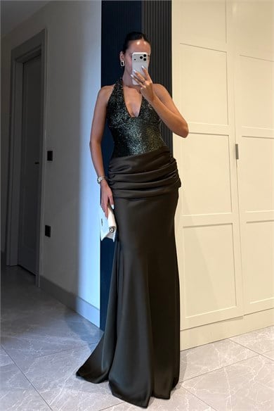 Zümrüt Yeşil Premium Payetli Saten Uzun Elbise - Kadın Elbise Modelleri - Nazliye Moda | Kadın Giyim Modası