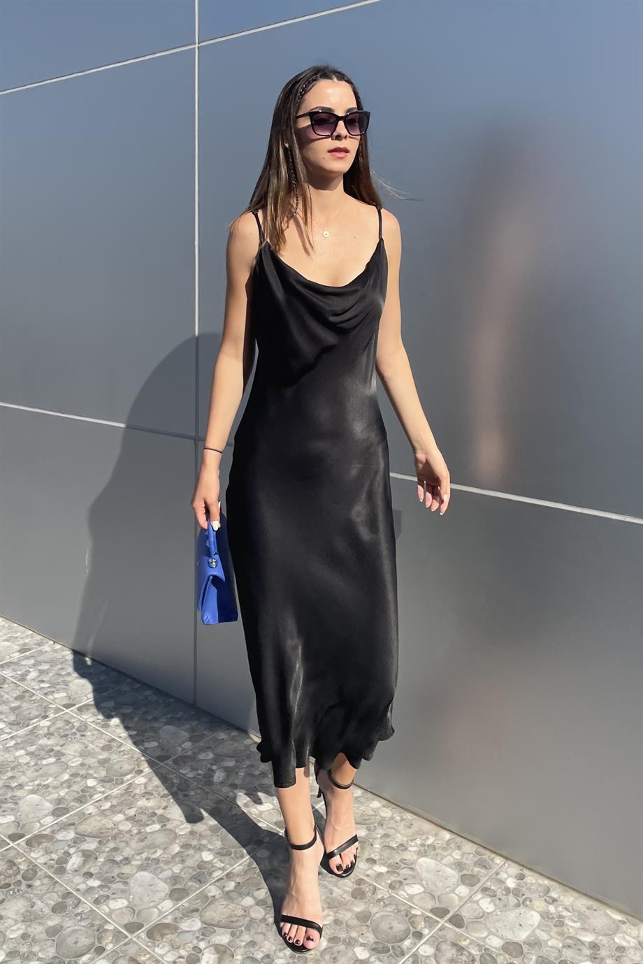 Siyah Askılı Saten Uzun Elbise - Kadın Elbise Modelleri - Nazliye Moda |  Kadın Giyim Modası
