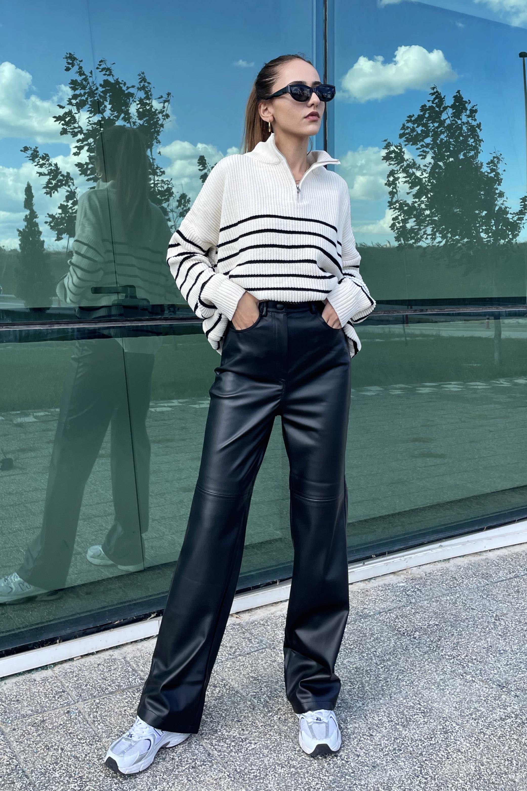 Siyah Boru Paça Deri Pantolon - Kadın Pantolon Modelleri - Nazliye Moda |  Kadın Giyim Modası