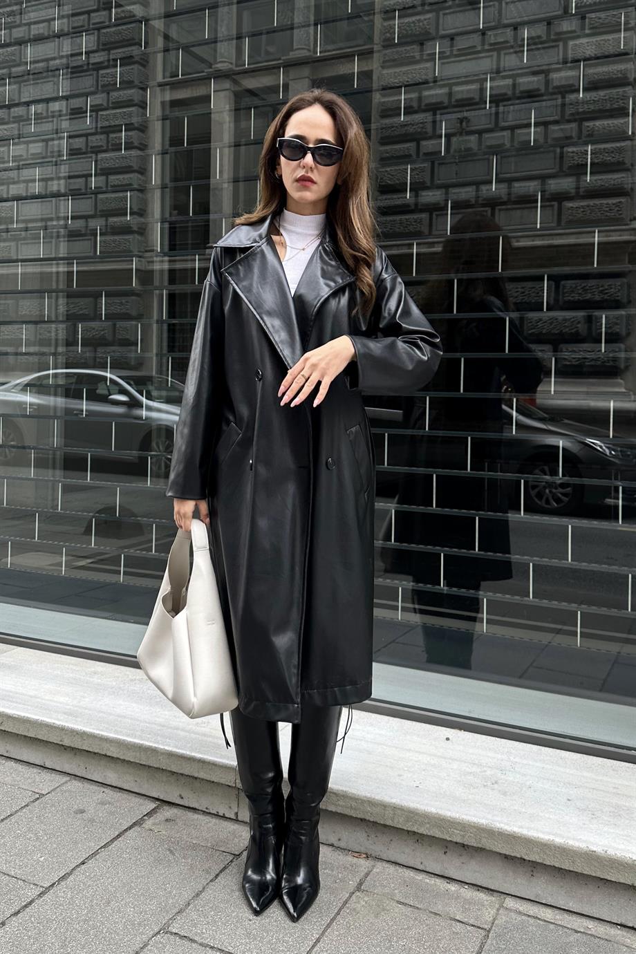 Siyah Kemer Detay Deri Trençkot - Kadın Trençkot Modelleri - Nazliye Moda |  Kadın Giyim Modası