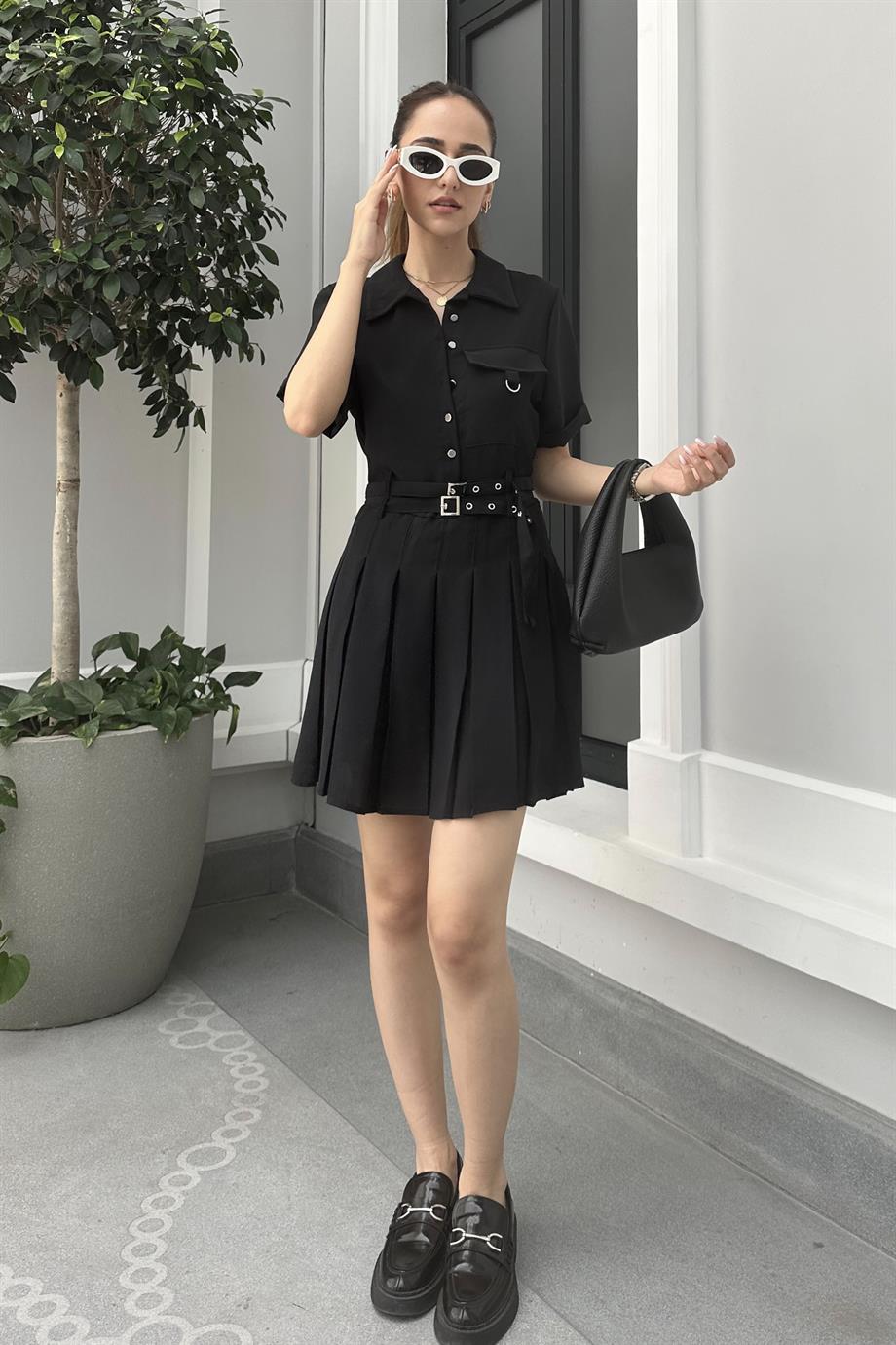 Siyah Pileli Mini Gömlek Elbise - Kadın Elbise Modelleri - Nazliye Moda |  Kadın Giyim Modası