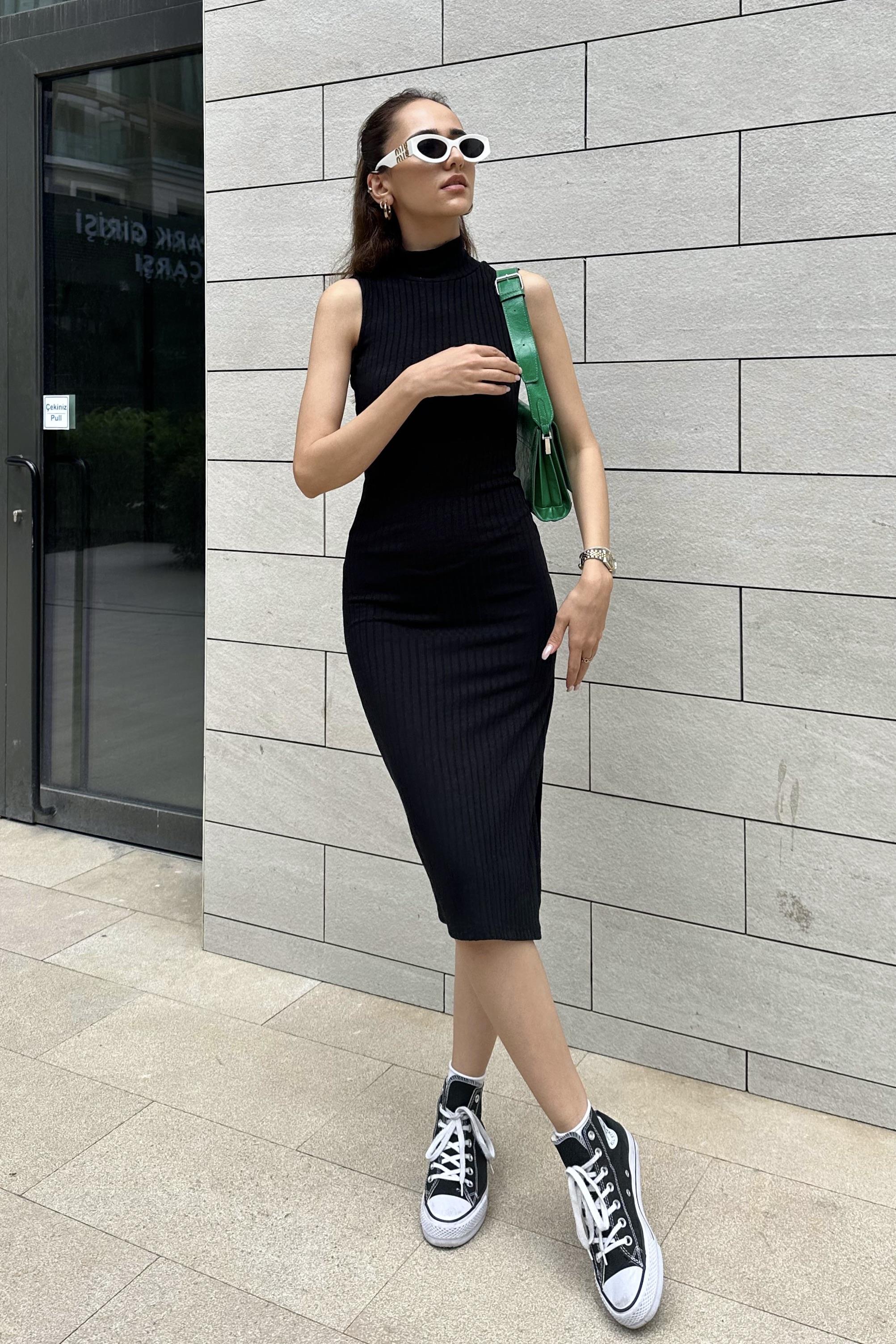 Siyah Sıfır Kol Yırtmaçlı Elbise - Kadın Elbise Modelleri - Nazliye Moda |  Kadın Giyim Modası