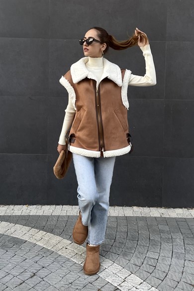 Kahverengi Nubuk Kürklü Yelek - Kadın Yelek Modelleri - Nazliye Moda |  Kadın Giyim Modası