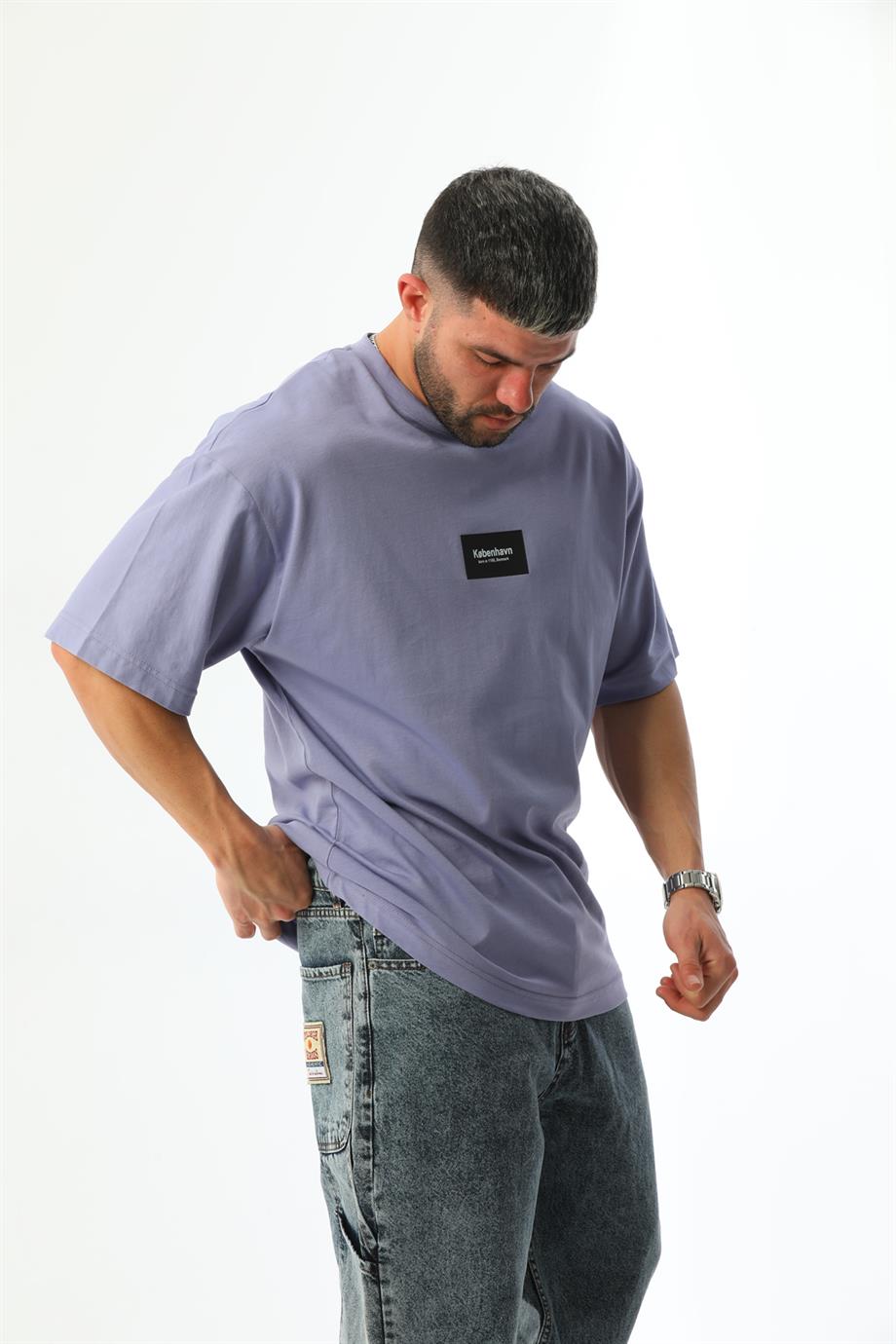 Gramajlı Deri Baskı Detaylı Mor Oversize Erkek T-shirt
